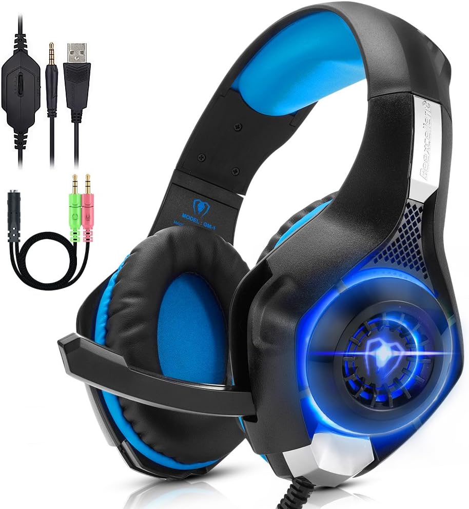 ANTOPM PC Gaming Headset for PS4, Xbox One, VR, Surround Sound Overear Gaming Headphones with Noise Isolating Mic, Soft Memory Earmuffs, USB LED Light