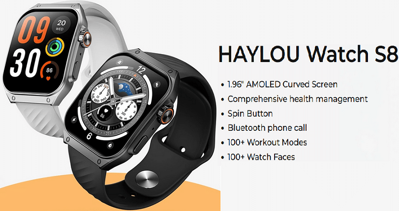 HAYLOU Watch S8 Smart Watch 1.96'' AMOLED Curved Screen Smartwatch Bluetooth Call AI Vioce Assistant Smartwatches for Men