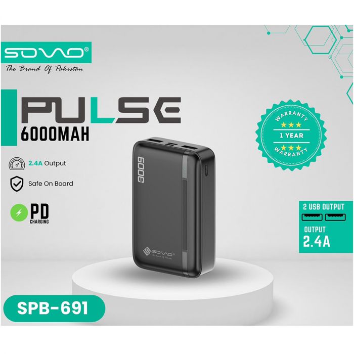 SOVO SPB-691 6000mAh Portable Power Bank | Pocket Sized Powerbank With PD USB-C Port & LED Indicator